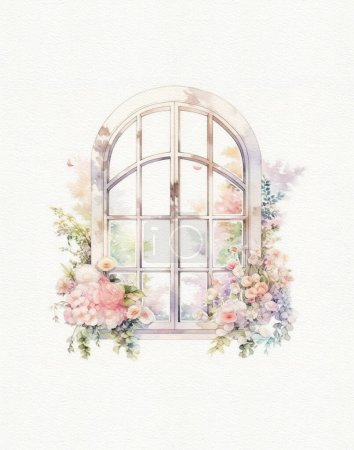 Téléchargez les photos : Dessin aquarelle d'une fenêtre en fleurs sur fond blanc, fenêtre vintage - en image libre de droit