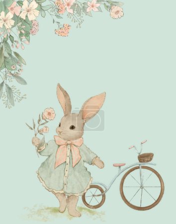 carte de vacances, invitation aux vacances avec un motif floral aux couleurs pastel avec un lapin