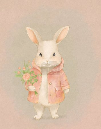 Dibujo de un conejo blanco en ropas rosadas con un ramo de flores, una postal con un conejo