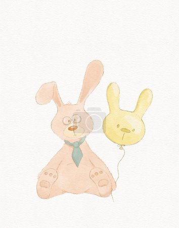 Dibujo de acuarela de un conejito de cumpleaños con un globo