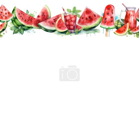 Téléchargez les photos : Dessin aquarelle de l'ensemble pastèque, motif d'été, motif fruité pastèque sans couture - en image libre de droit