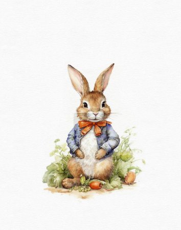 Photo for Watercolor drawing of a rabbit in a vintage jacket, cartoon rabbit, cute animal print - Royalty Free Image