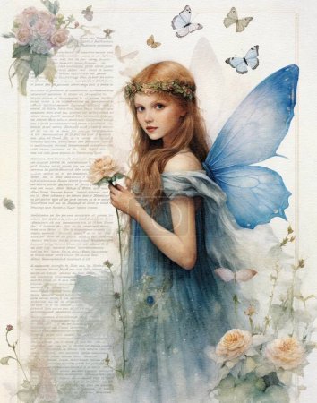 Photo for Watercolor illustration of a fairy with wings in a blue dress on a vintage background, scrapbooking paper - Royalty Free Image