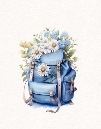 watercolor drawing of a backpack, hand bag, with flowers, go to school supplies