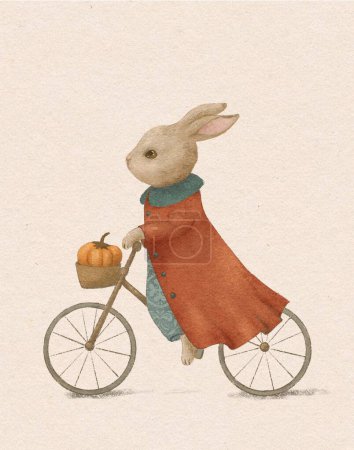 Photo for Rabbit in a coat rides a bicycle animal drawing for a children's room - Royalty Free Image