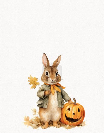 Foto de Dibujo de acuarela de un conejo en otoño, tarjeta de día de acción de gracias, vacaciones de otoño, otoño - Imagen libre de derechos