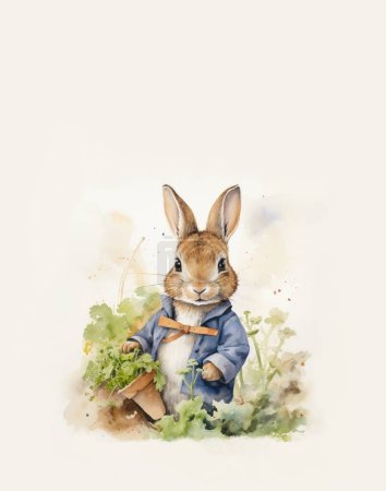 Watercolor drawing of a rabbit in a vintage jacket, cartoon rabbit