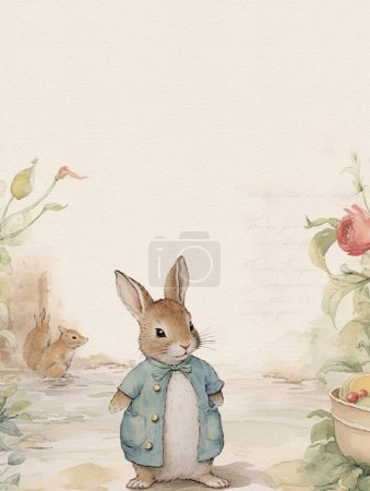 Téléchargez les photos : Invitation d'anniversaire pour enfants, carte de vœux de style vintage avec lapin, lapin mignon - en image libre de droit