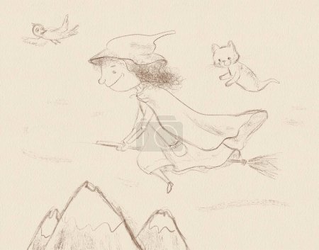 Téléchargez les photos : Esquisse illustration d'une sorcière de dessin animé sur un balai avec un fantôme, illustration d'Halloween - en image libre de droit