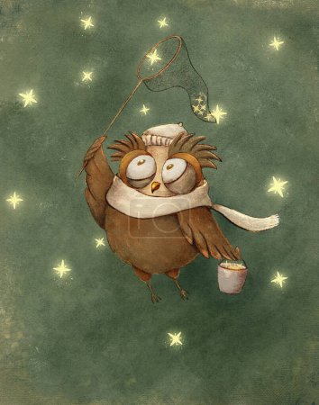 Drawing of a cute owl that catches the stars at night