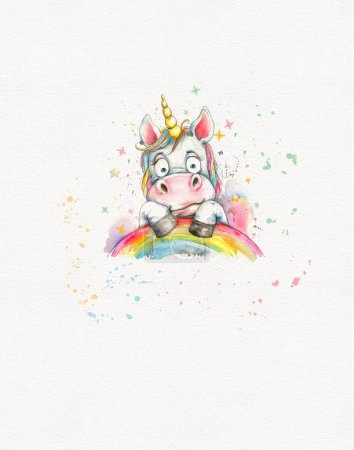 Cute cartoon unicorn on a rainbow background, happy birthday card