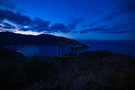 Photo for A dawn panoramic port at the country side in Shizuoka wide shot. High quality photo. Numazu district Heda Shizuoka Japan 01.26.2023 It is called Heda port. - Royalty Free Image