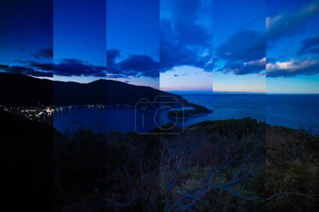 Photo for A sliced photograph of dawn panoramic port at the country side in Shizuoka wide shot. High quality photo. Numazu district Heda Shizuoka Japan 01.26.2023 It is called Heda port. - Royalty Free Image