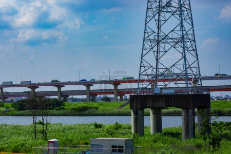 Photo for A traffic jam at the downtown street and highway telephoto shot. High quality photo. Adachi district Kouhoku Tokyo Japan 06.29.2023 Here is near Arakawa river in Tokyo. - Royalty Free Image