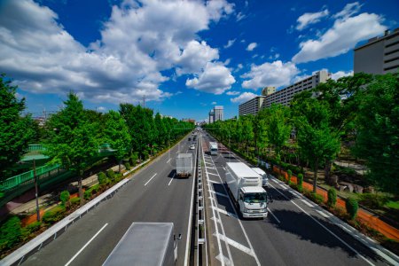 Photo for A traffic jam at the downtown street in Takashimadaira Tokyo wide shot. High quality photo. Itabashi district Takashimadaira Tokyo Japan 07.18.2023 Here is a downtown street in Tokyo. - Royalty Free Image