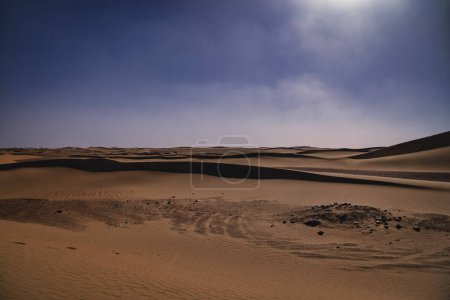 A panoramic sand dune of sahara desert at Mhamid el Ghizlane in Morocco wide shot. High quality photo. Zagora district Mhamid el Ghizlane Morocco 03.06.2024 Here is a desert area in Morocco.