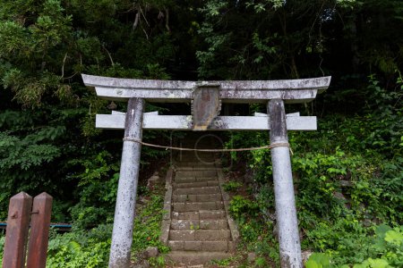 Eine Steintreppe in der Nähe eines alten japanischen Schreins auf dem Land in Gunma Japan. Hochwertiges Foto. Agatsuma Bezirk Nakanojo Gunma Japan 20.07.2023 Dieser Schrein wird SUWA SHRINE genannt. Hier ist ein