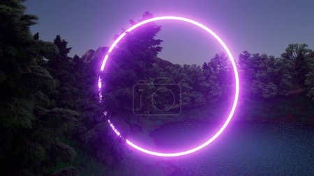 3d illustration A purple circle is glowing in the middle of a forest.