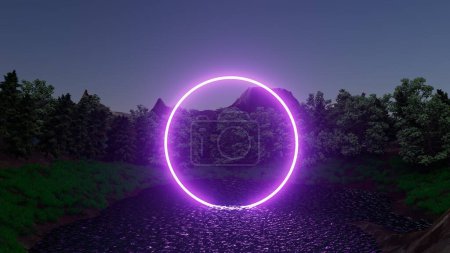 3d illustration A purple glowing circle is in the middle of a forest.