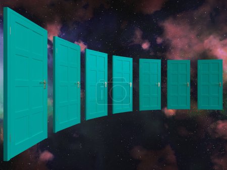 Photo for An arched row of green doors floating on a galaxy nebula space background  - 3D render - Royalty Free Image