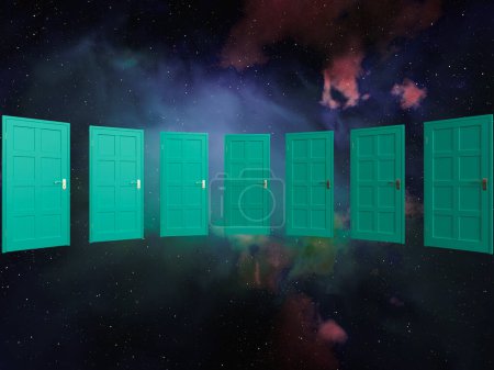 Photo for An arched row of green doors floating on a galaxy nebula space background  - 3D render - Royalty Free Image