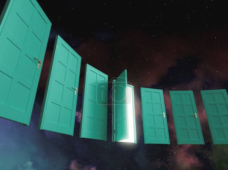 Photo for An open an illuminated door in amongst an arched row of closed green doors floating on a galaxy nebula space background  - 3D render - Royalty Free Image