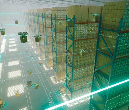 Photo for A concept of a futuristic logistic warehouse storage facility with automated flying and driving robotic drones with neon illuminated lights - 3D render - Royalty Free Image