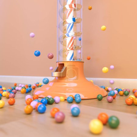 Photo for A peach vintage gumball dispensing machine spewing multicolored gumballs all over a peach colored room interior  - 3D render - Royalty Free Image