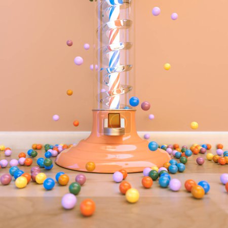 Photo for A peach vintage gumball dispensing machine spewing multicolored gumballs all over a peach colored room interior  - 3D render - Royalty Free Image