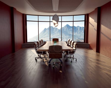 Foto de El interior de la mesa de la sala de juntas rodeada por las sillas de cuero en la oficina de la ciudad a la luz del día - 3D render - Imagen libre de derechos