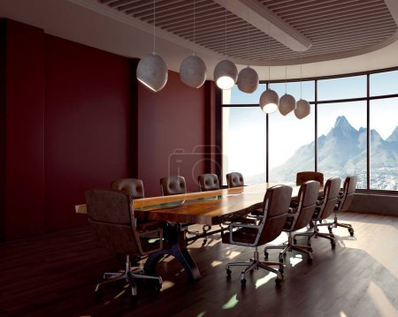 Photo for An interior of a boardroom table surounded by leather chairs in a city office in the daylight - 3D render - Royalty Free Image