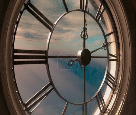 Téléchargez les photos : La chambre mansardée derrière une horloge de tour antique brillamment éclairée par le soleil révélant une chaise vide regardant vers l'extérieur - 3D rende - en image libre de droit