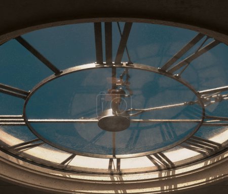 Foto de La habitación del ático detrás de un antiguo reloj de torre brillantemente iluminado por el sol revelando una silla vacía mirando hacia el exterior - 3D rende - Imagen libre de derechos