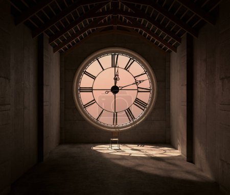 The attic room behind an antique tower clock brightly illuminated by the sun revealing an empty chair looking outwards - 3D rende