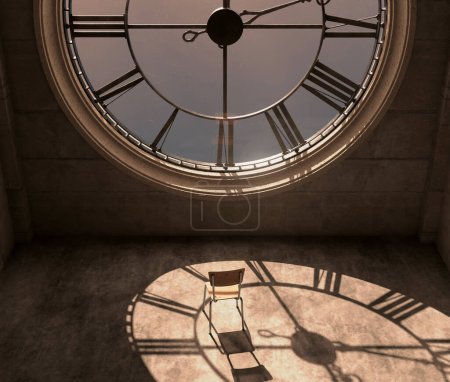 La habitación del ático detrás de un antiguo reloj de torre brillantemente iluminado por el sol revelando una silla vacía mirando hacia el exterior - 3D rende