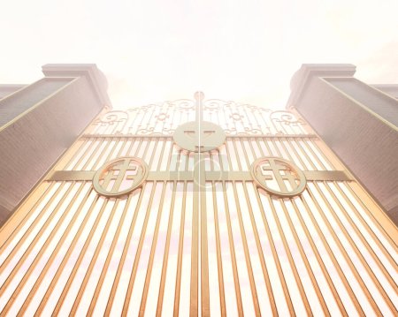 Photo for A concept depicting the shut golden majestic pearly gates of heaven backlit by an ethereal light - 3D render - Royalty Free Image