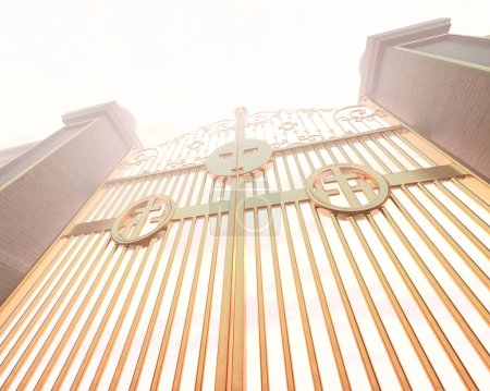 Téléchargez les photos : Un concept représentant les portes dorées majestueuses perlées fermées du paradis rétro-éclairé par une lumière éthérée - rendu 3D - en image libre de droit