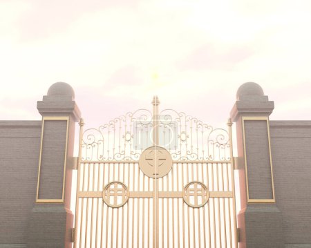 Téléchargez les photos : Un concept représentant les portes dorées majestueuses perlées fermées du paradis rétro-éclairé par une lumière éthérée - rendu 3D - en image libre de droit