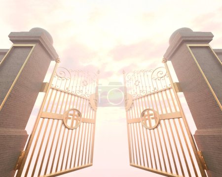 Téléchargez les photos : Un concept représentant les portes nacrées majestueuses d'or ouvertes du ciel rétro-éclairé par une lumière éthérée - rendu 3D - en image libre de droit
