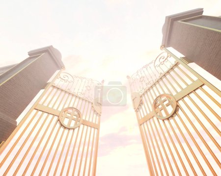 Téléchargez les photos : Un concept représentant les portes nacrées majestueuses d'or ouvertes du ciel rétro-éclairé par une lumière éthérée - rendu 3D - en image libre de droit