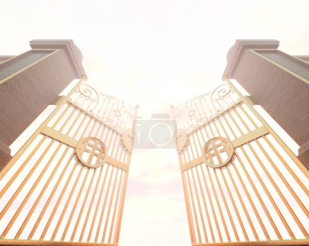 Photo for A concept depicting the open golden majestic pearly gates of heaven backlit by an ethereal light - 3D render - Royalty Free Image