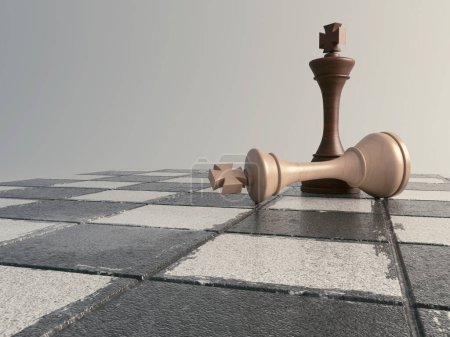 Ein dunkler hölzerner Schachkönig, der über dem gefallenen hellen Holzkönig auf einer grunzigen Schachbrettoberfläche steht - 3D-Render