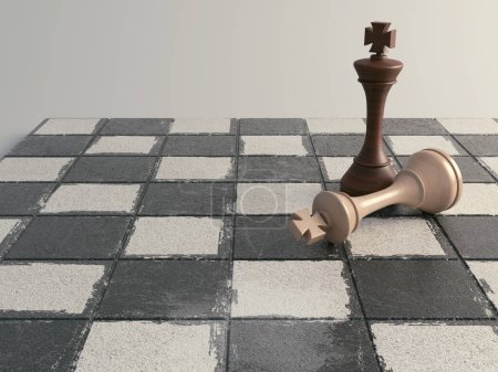 Photo for A dark wooden chess king standing over the fallen light wood king on a grungy chess board surface - 3D render - Royalty Free Image