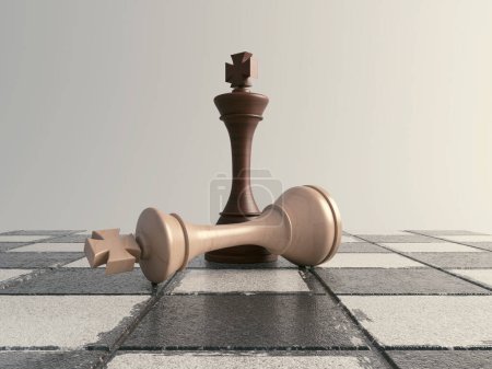 Foto de Un rey de ajedrez de madera oscura de pie sobre el rey de madera clara caído en una superficie de tablero de ajedrez grueso - 3D render - Imagen libre de derechos