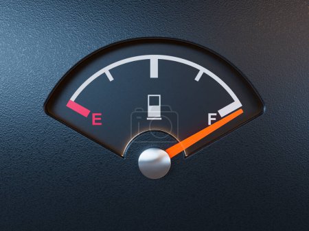 Photo for A closeup of a petrol gas gage showing the needle at full on a dark reflective background with copy space - 3D render - Royalty Free Image