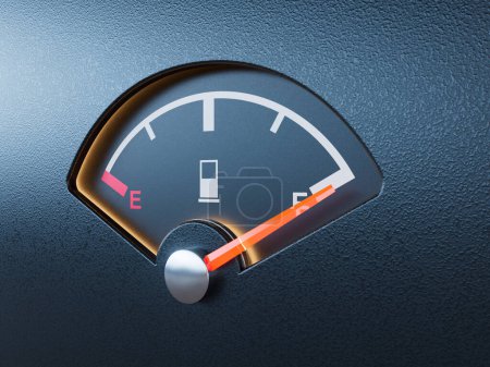 Photo for A closeup of a petrol gas gage showing the needle at full on a dark reflective background with copy space - 3D render - Royalty Free Image