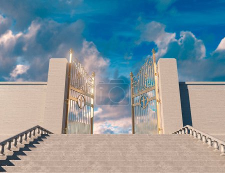 Téléchargez les photos : Un concept représentant un immense escalier menant aux majestueuses portes nacrées ouvertes du paradis, arrondies par un fond bleu ciel - rendu 3D - en image libre de droit