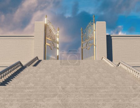 Téléchargez les photos : Un concept représentant un immense escalier menant aux majestueuses portes nacrées ouvertes du paradis, arrondies par un fond bleu ciel - rendu 3D - en image libre de droit