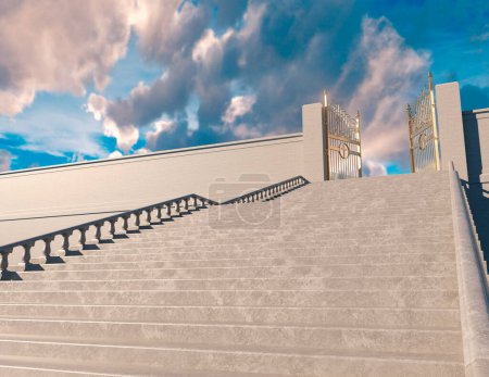 Photo for A concept depicting a huge staircase leading up to the open majestic pearly gates of heaven srrounded by a blue sky background - 3D render - Royalty Free Image