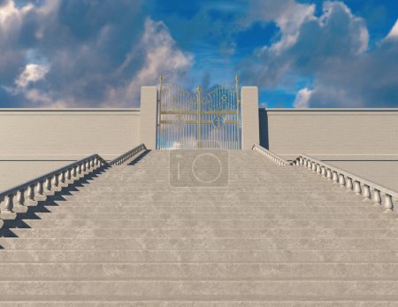 Téléchargez les photos : Un concept représentant un immense escalier menant aux majestueuses portes nacrées fermées du paradis entourées d'un fond bleu ciel - rendu 3D - en image libre de droit
